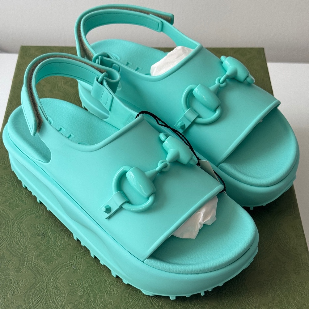 size 37 - Gucci Horsebit Blue rubber platform slingback sandals
